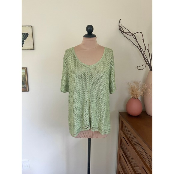 Vintage Sweaters - Vintage Liz Claiborne Green Open Knit Cardigan